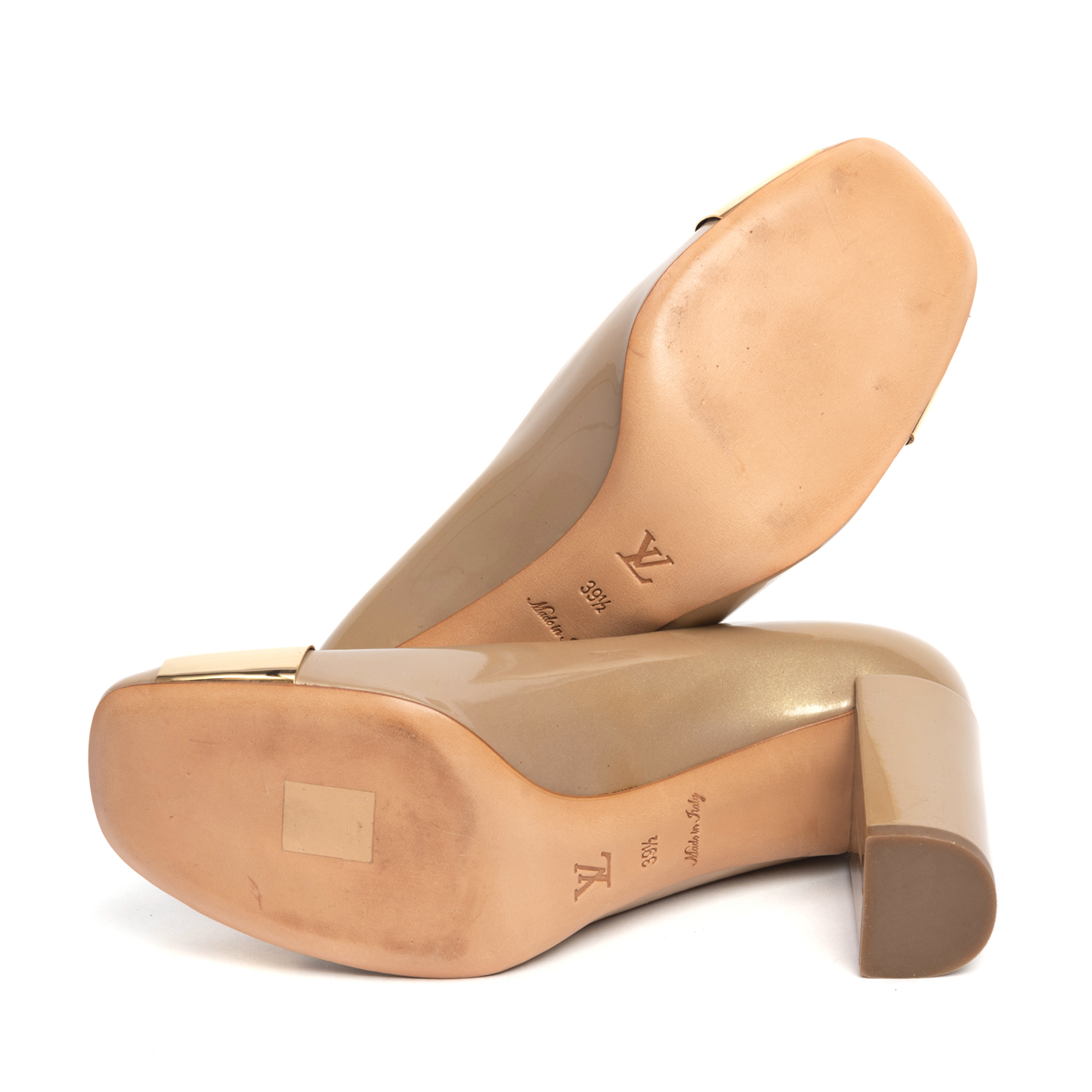 Louis Vuitton Beige Patent Leather Block Heel Pumps, Size 39.5