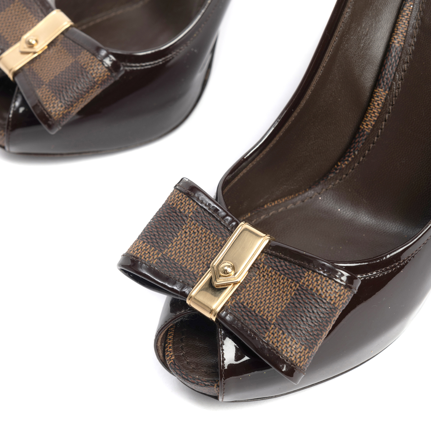 Louis Vuitton Damier Ebene Patent Leather Valentine Peep Toe Pumps, Size 39 - LabelCentric