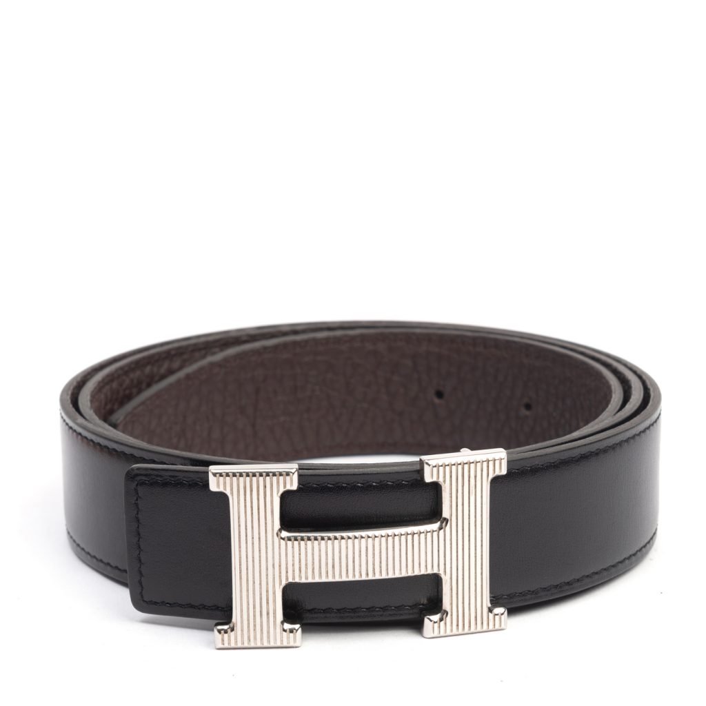 Hermes Black/Brown Leather Reversible Grooved Finish H Buckle Belt