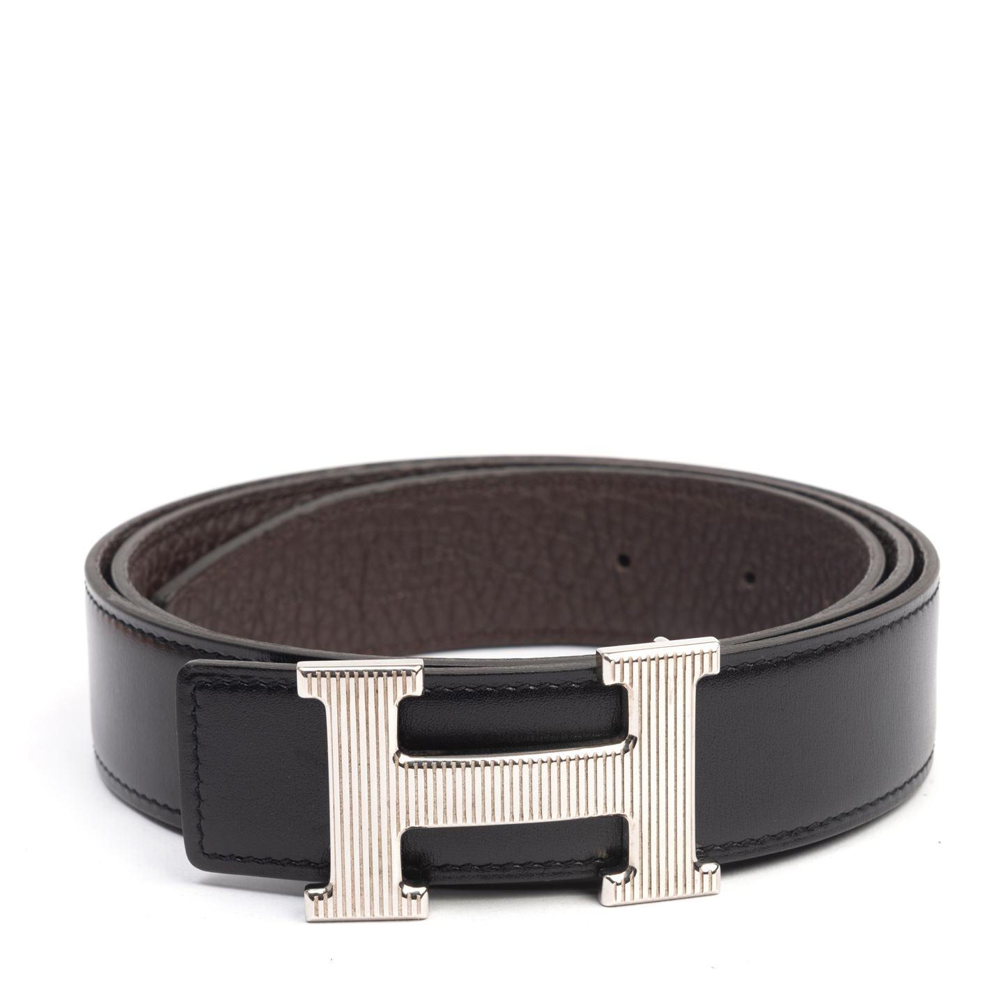 Hermes Black/Brown Leather Reversible Grooved Finish H Buckle Belt ...
