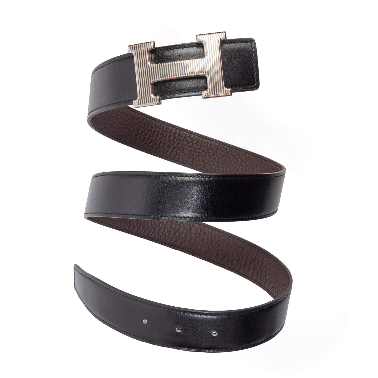 Hermes Black/Brown Leather Reversible Grooved Finish H Buckle Belt ...