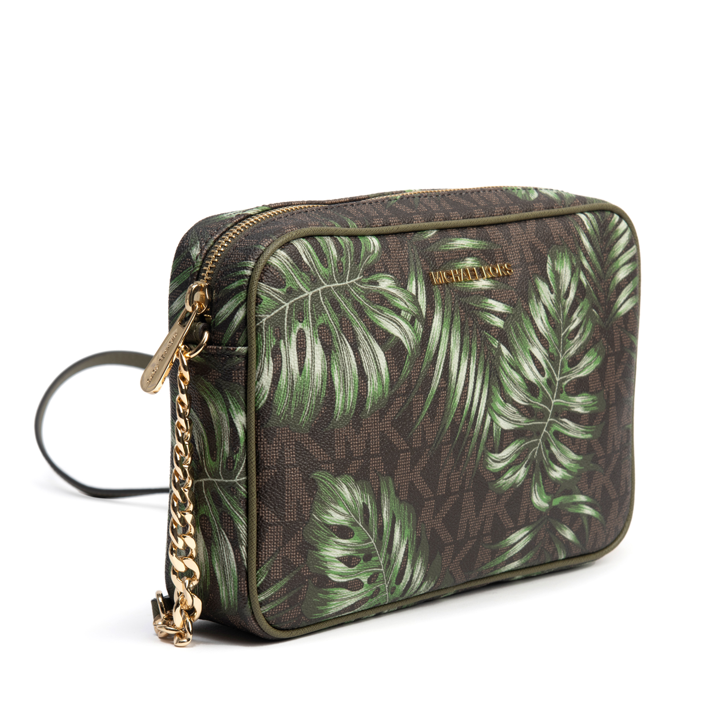 Michael Kors East West Jet Set Travel Large Cross Body Bag, Brown Olive Palm Leaf - LabelCentric