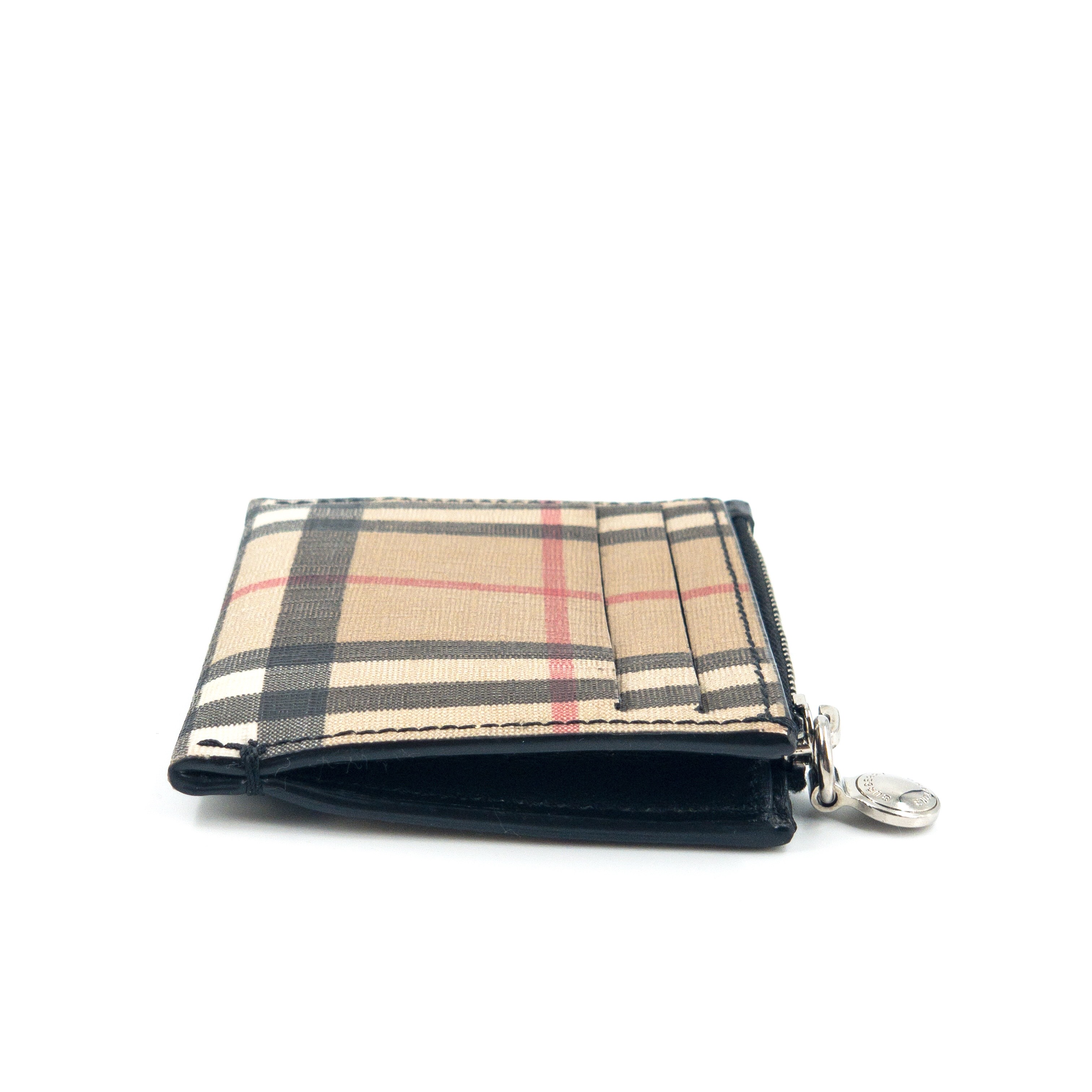 vintage check and leather zip card case
